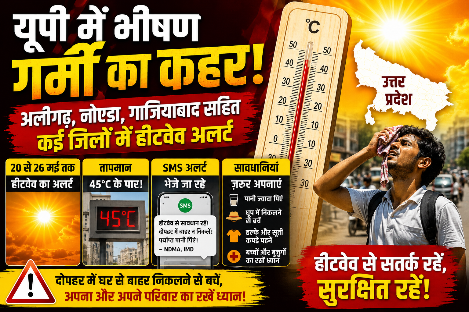 यूपी में भीषण गर्मी का कहर: अलीगढ़, नोएडा, गाजियाबाद समेत कई जिलों में हीटवेव अलर्ट, लोगों को भेजे जा रहे चेतावनी संदेश