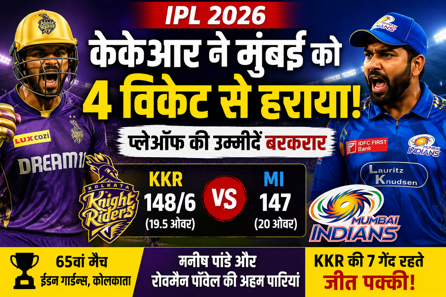 IPL 2026: कोलकाता नाइट राइडर्स ने मुंबई इंडियंस को 4 विकेट से हराया, प्लेऑफ की उम्मीदें बरकरार