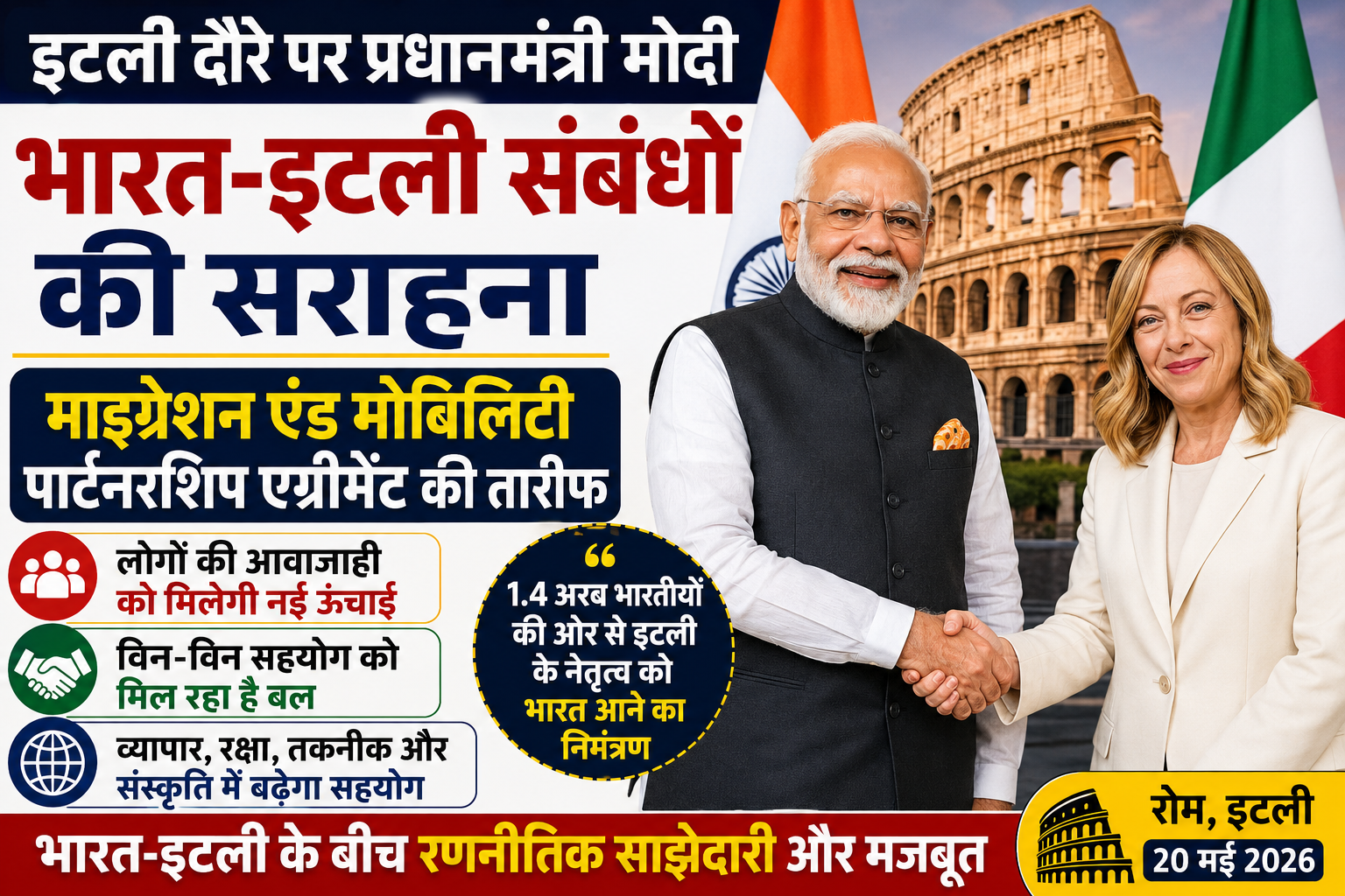 प्रधानमंत्री मोदी ने इटली में भारत-इटली संबंधों की सराहना की, लोगों की आवाजाही पर दिया जोर