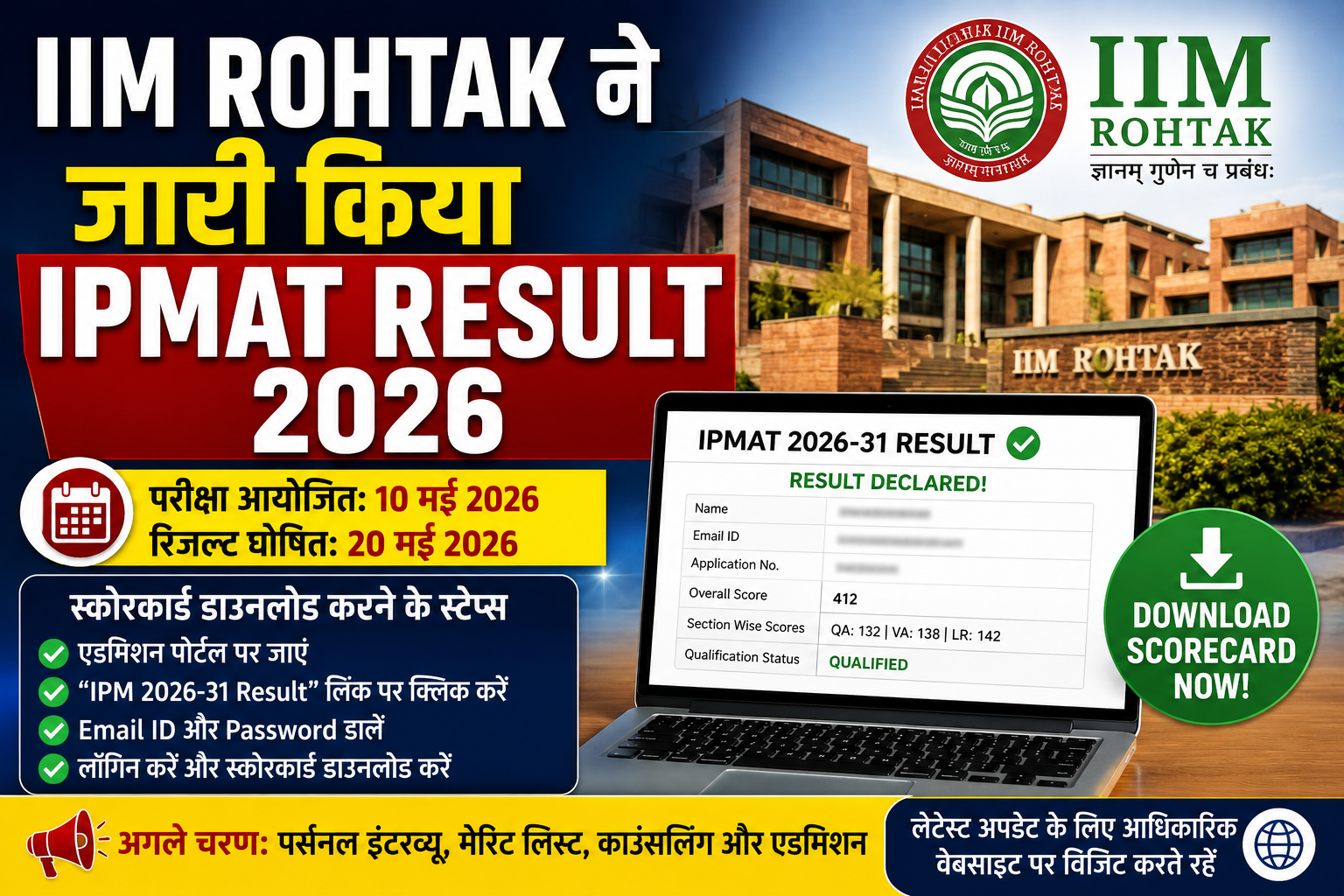 IIM Rohtak ने जारी किया IPMAT Result 2026, यहां से डाउनलोड करें स्कोरकार्ड