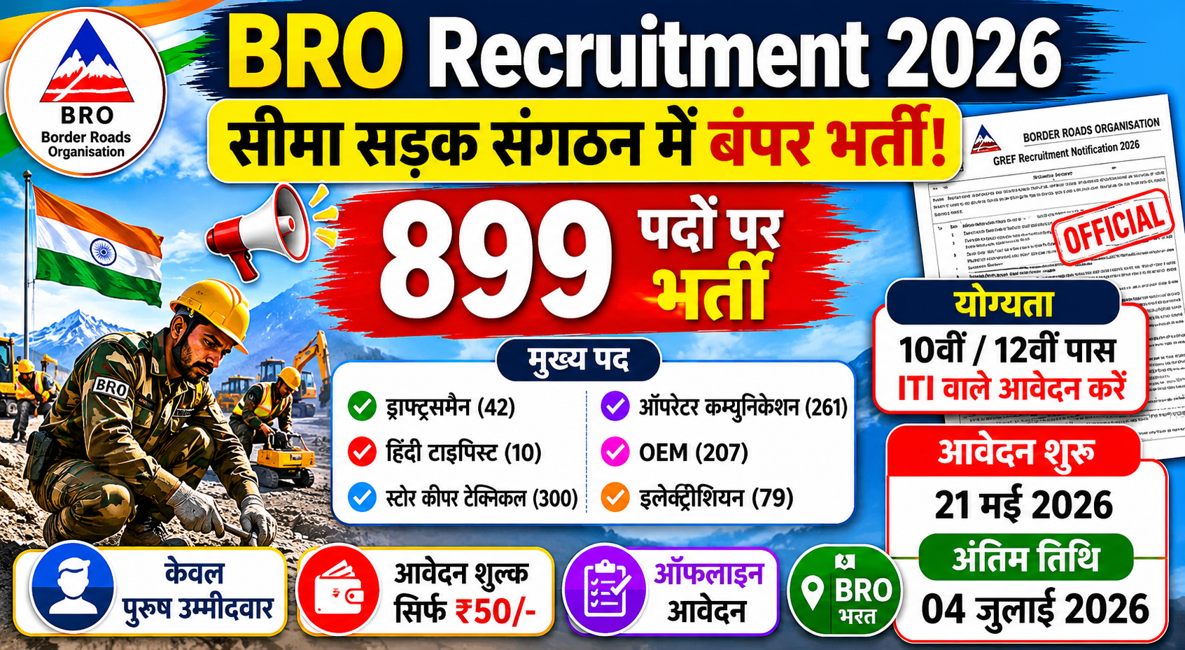 BRO Recruitment 2026: सीमा सड़क संगठन में 899 पदों पर बंपर भर्ती, 10वीं-12वीं पास उम्मीदवार करें आवेदन